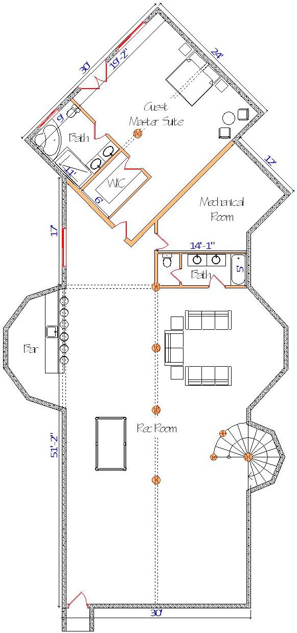 Floor plan of a log home layout showing various rooms including a master bedroom, guest room, living room, dining room, kitchen, and bathrooms with dimensions noted.