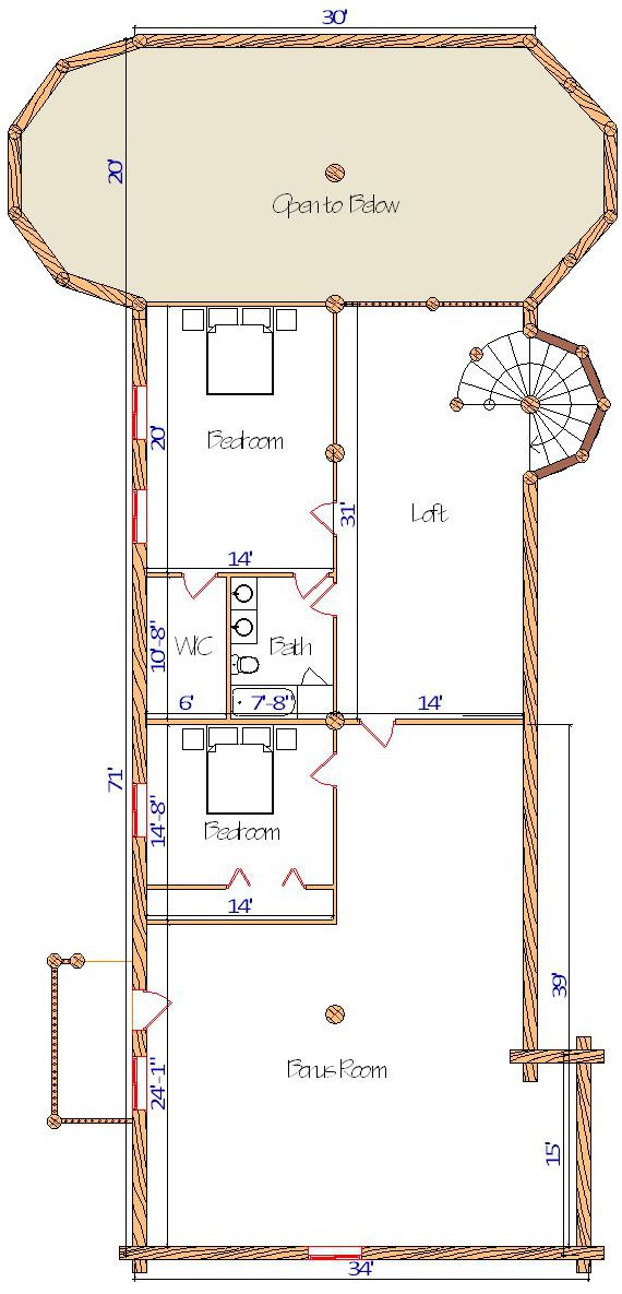 Floor plan of a log home layout showing various rooms including a master bedroom, guest room, living room, dining room, kitchen, and bathrooms with dimensions noted.