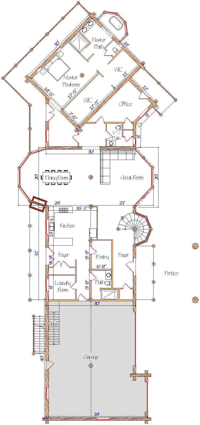 Floor plan of a log home layout showing various rooms including a master bedroom, guest room, living room, dining room, kitchen, and bathrooms with dimensions noted.