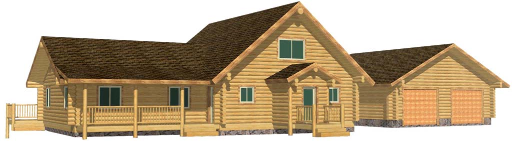 Log cabin architectural design with multiple pitched roofs