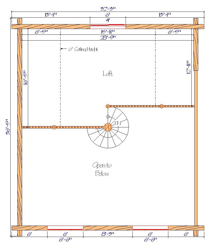 Blueprint of a loft floor plan with spiral staircase design