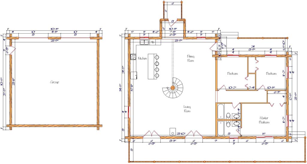 Floor plan of a log home layout showing various rooms including a master bedroom, guest room, living room, dining room, kitchen, and bathrooms with dimensions noted.