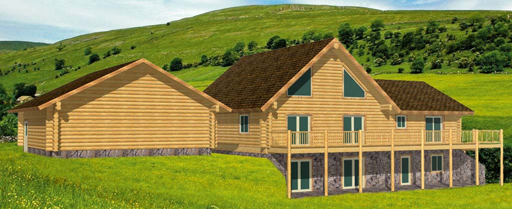Log cabin architectural design with multiple pitched roofs
