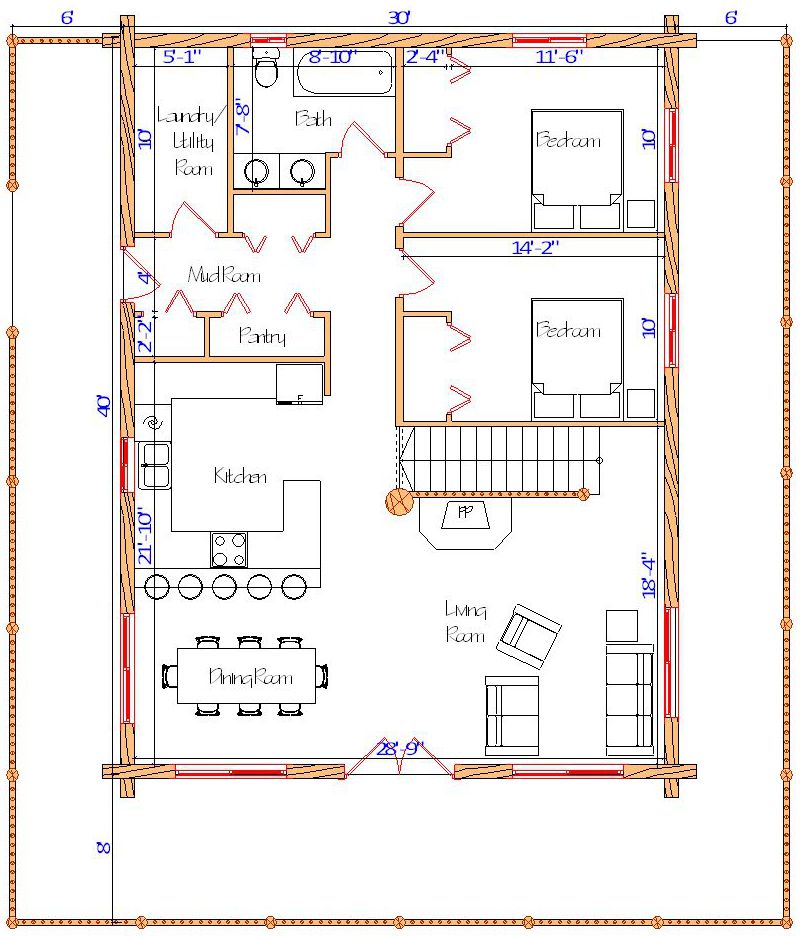 Floor plan of a log home layout showing various rooms including a master bedroom, guest room, living room, dining room, kitchen, and bathrooms with dimensions noted.