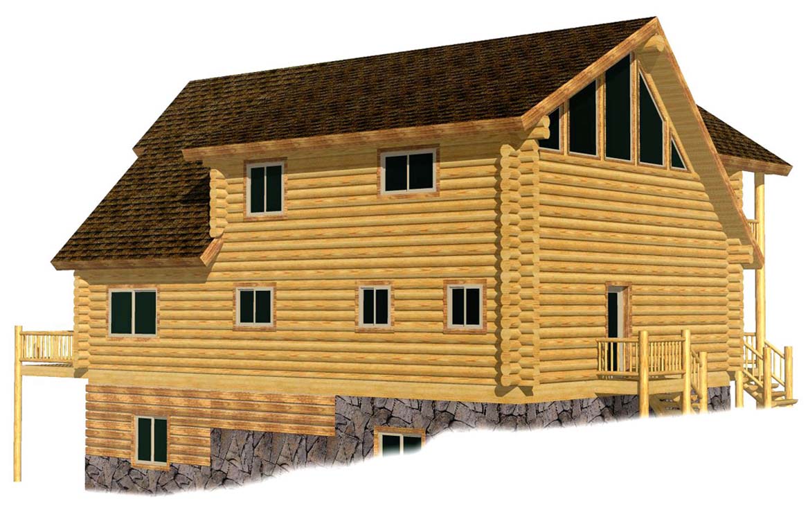 Modern log cabin house with rustic wooden design features.