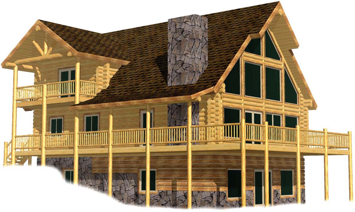 Modern log cabin house with rustic wooden design features.