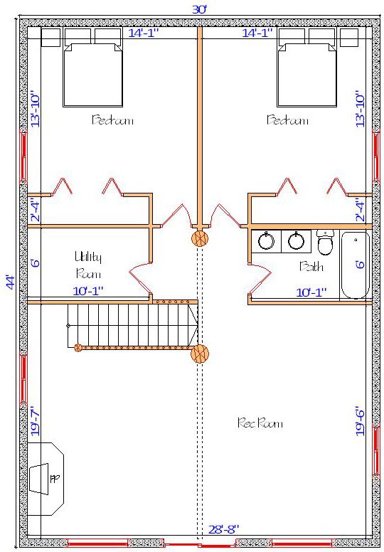 Two bedroom house blueprint with utility and bath rooms