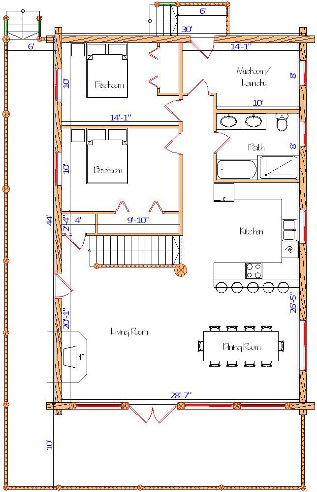 Floor plan of a log home layout showing various rooms including a master bedroom, guest room, living room, dining room, kitchen, and bathrooms with dimensions noted.