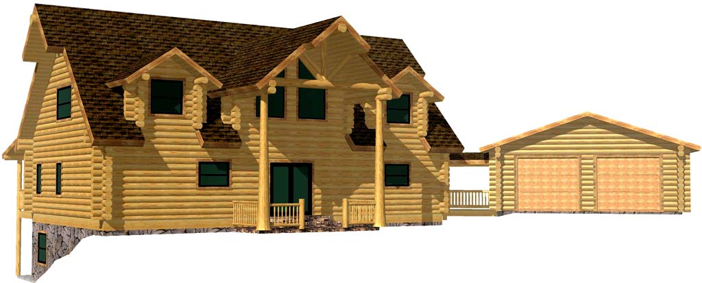 Two-story log cabin with attached garage design illustration