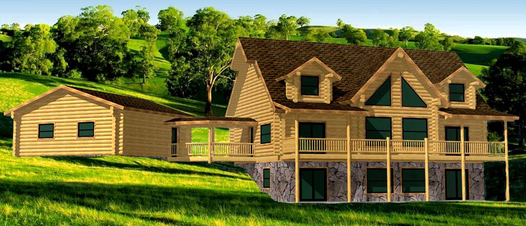 Two-story log cabin with attached garage design illustration