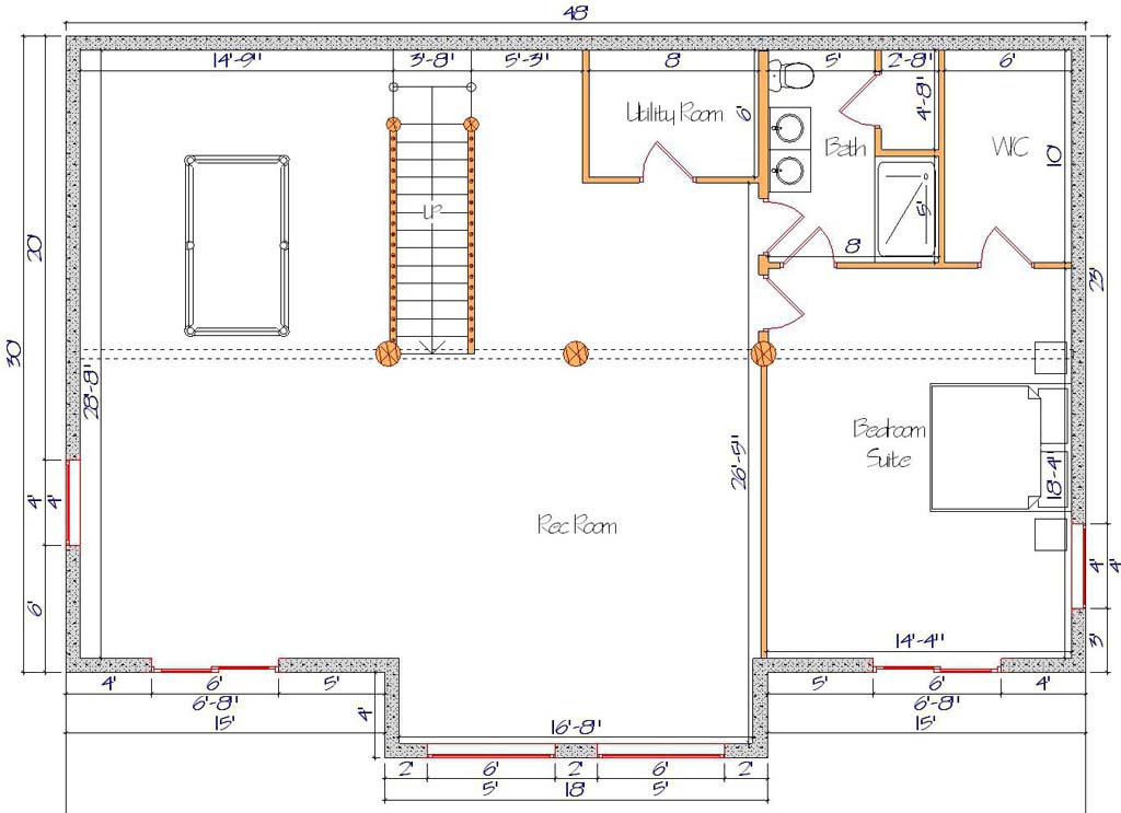 Basement floor plan with utility room and bathroom layout