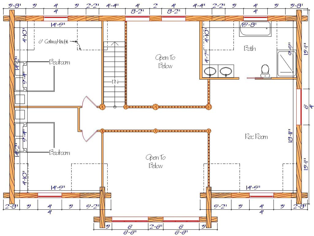 Floor plan of a log home layout showing various rooms including a master bedroom, guest room, living room, dining room, kitchen, and bathrooms with dimensions noted.