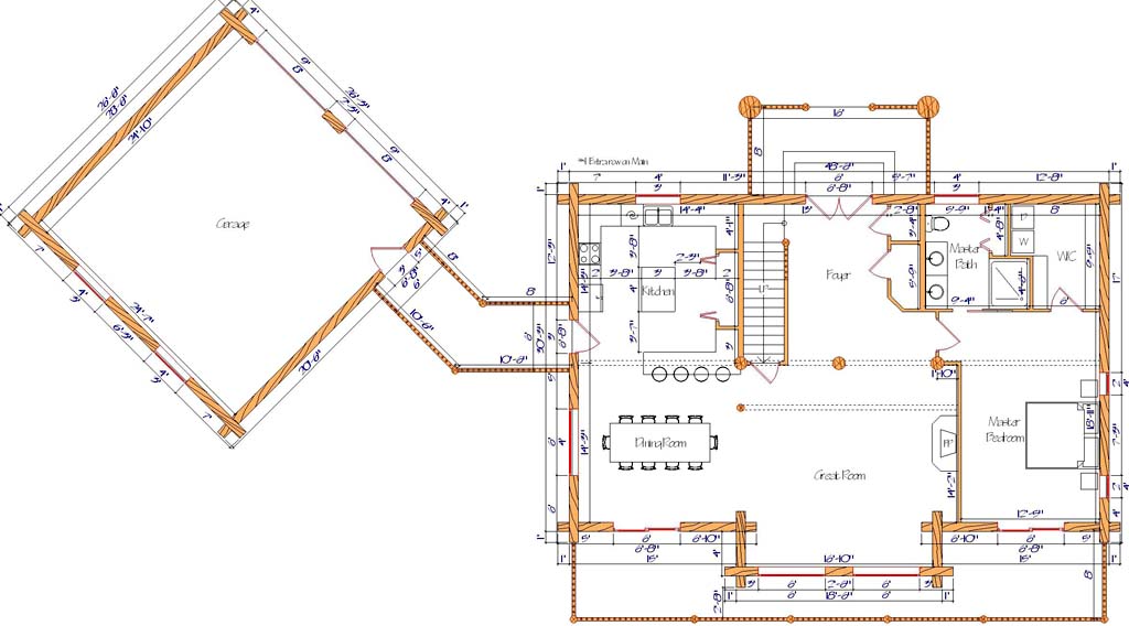 Floor plan of a log home layout showing various rooms including a master bedroom, guest room, living room, dining room, kitchen, and bathrooms with dimensions noted.