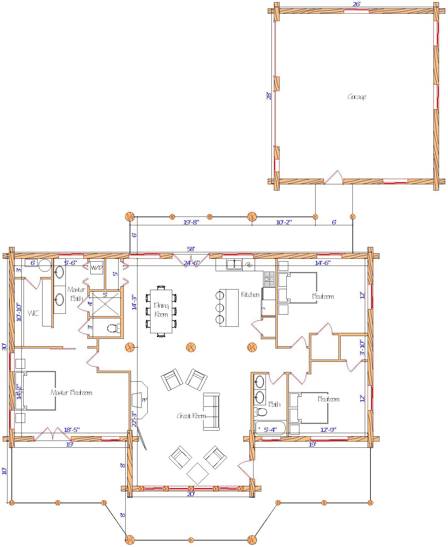 Floor plan of a log home layout showing various rooms including a master bedroom, guest room, living room, dining room, kitchen, and bathrooms with dimensions noted.