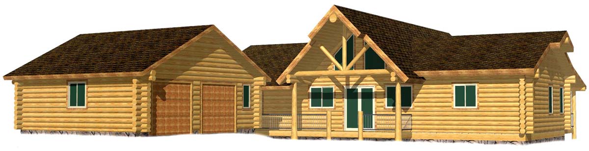 Spacious log cabin design with wraparound porch and windows