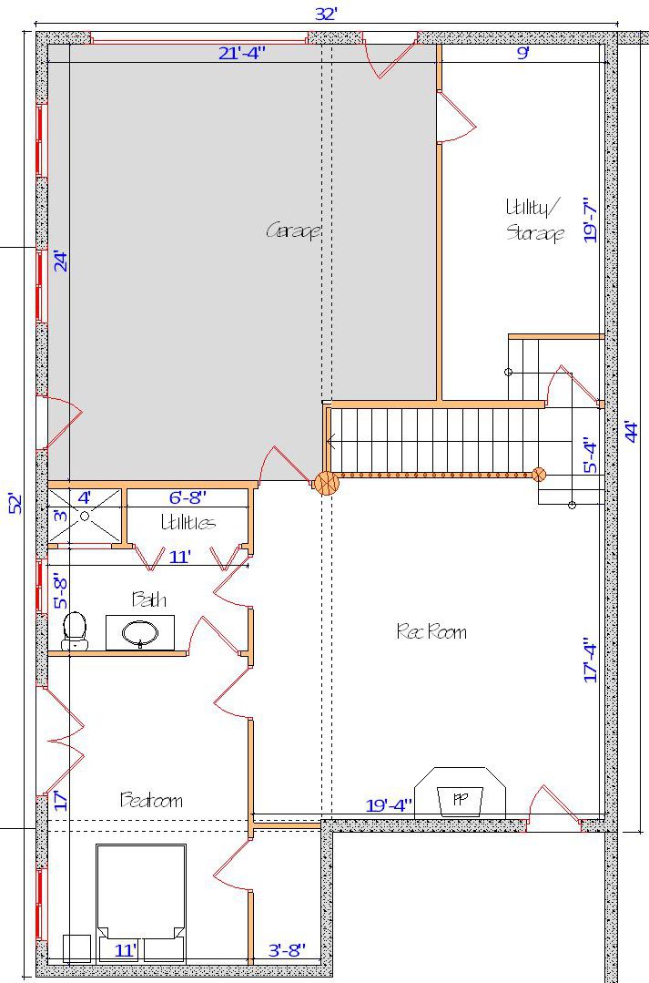 garage floor blueprint with storage, two bathrooms and rec layout