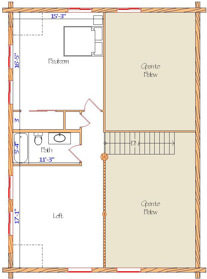 Second floor blueprint with bedroom bathroom and loft layout