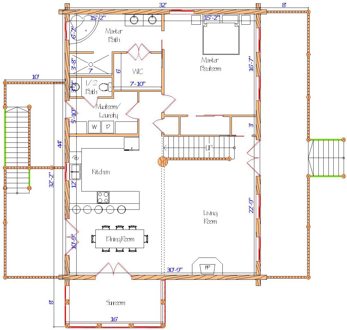 Floor plan of a log home layout showing various rooms including a master bedroom, guest room, living room, dining room, kitchen, and bathrooms with dimensions noted.