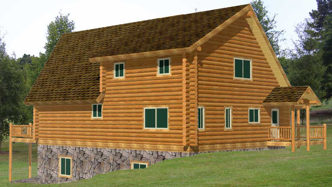Rustic log cabin with green windows in a lush landscape setting.