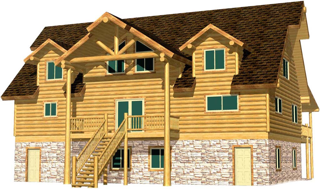 Large two-story log cabin with glass windows and wooden deck.