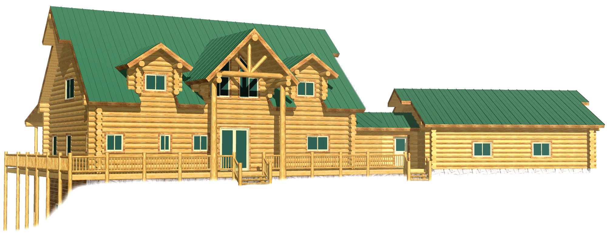 Spacious log cabin with green roof and wooden deck exterior