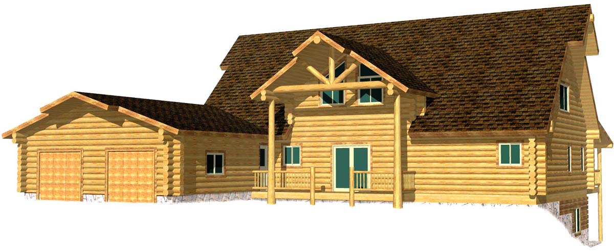 Rustic wooden log cabin with large windows and spacious porch