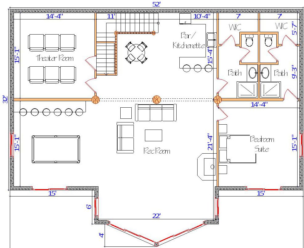 Basement floor house plan with theater room and two bathroom suites