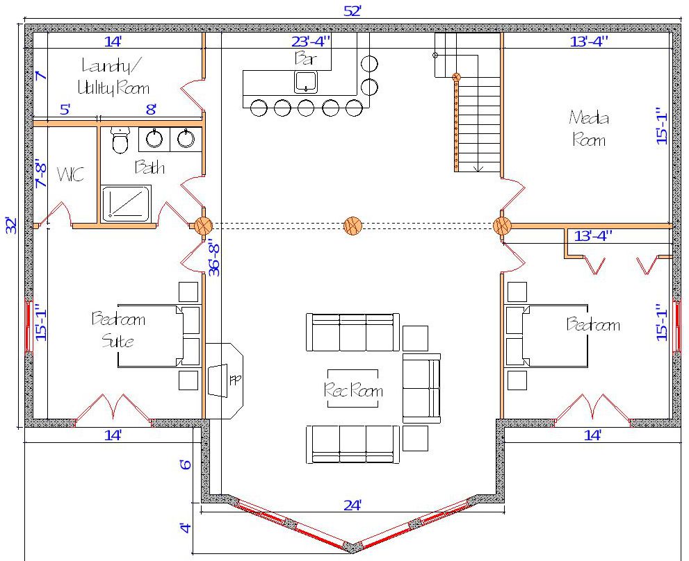 Basement floor plan with laundry and media room layout