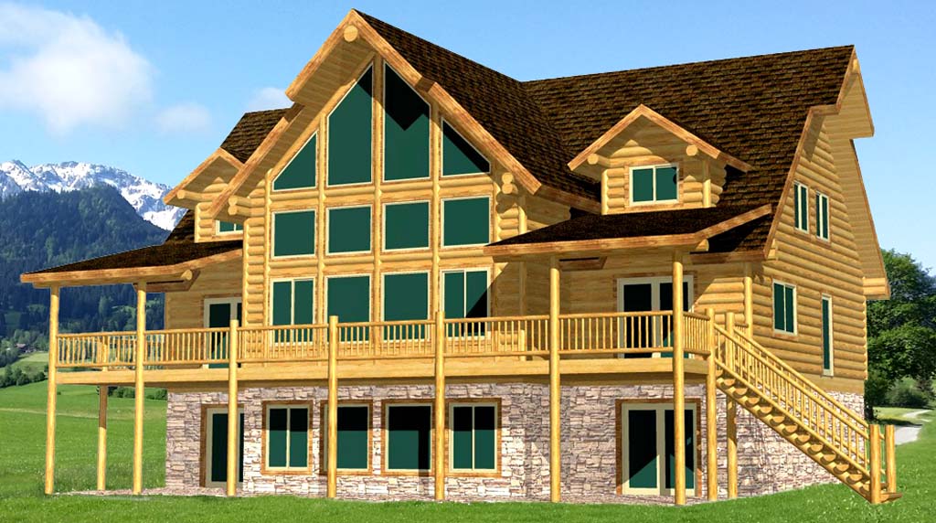Large two-story log cabin with glass windows and wooden deck.