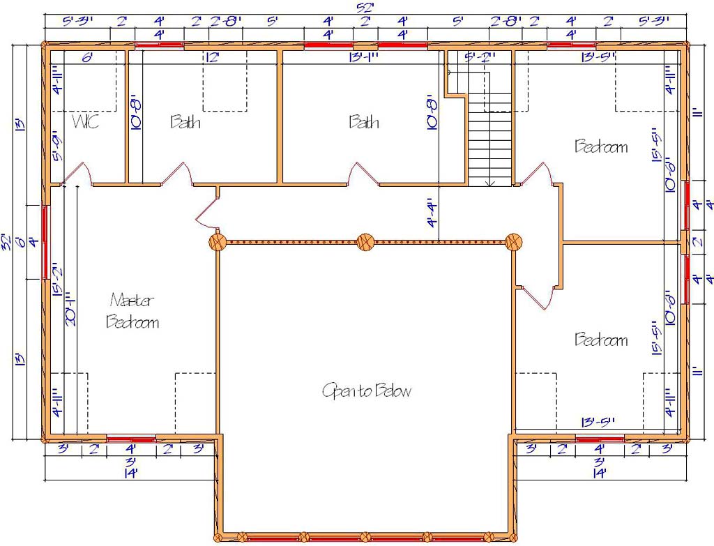 Floor plan of a log home layout showing various rooms including a master bedroom, guest room, living room, dining room, kitchen, and bathrooms with dimensions noted.
