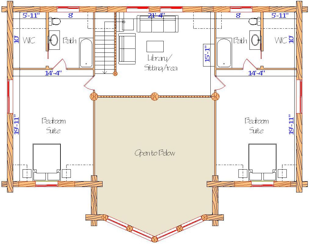 Second floor house plan with two bedroom suites and library