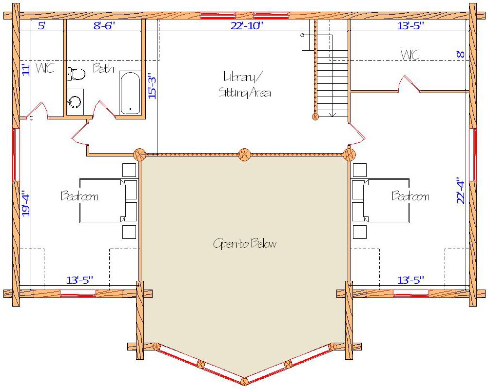 Second floor plan with library and sitting area layout.