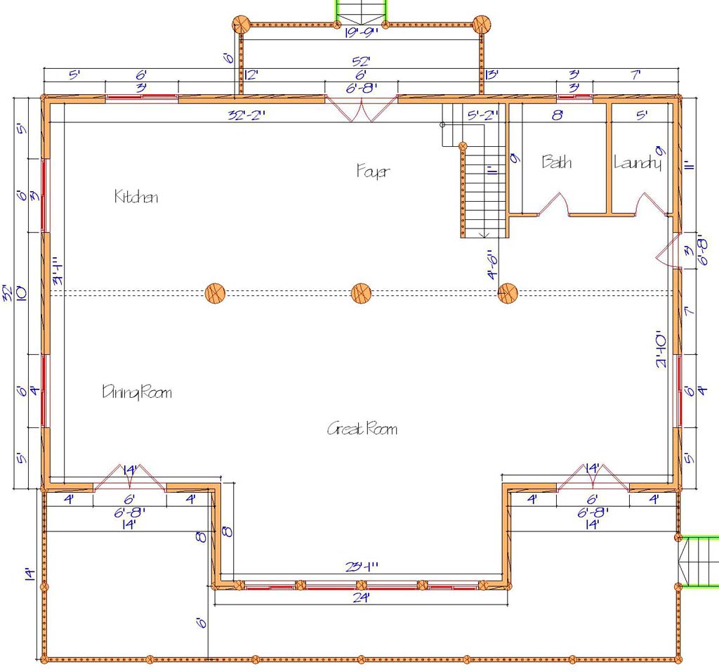 Floor plan of a log home layout showing various rooms including a master bedroom, guest room, living room, dining room, kitchen, and bathrooms with dimensions noted.