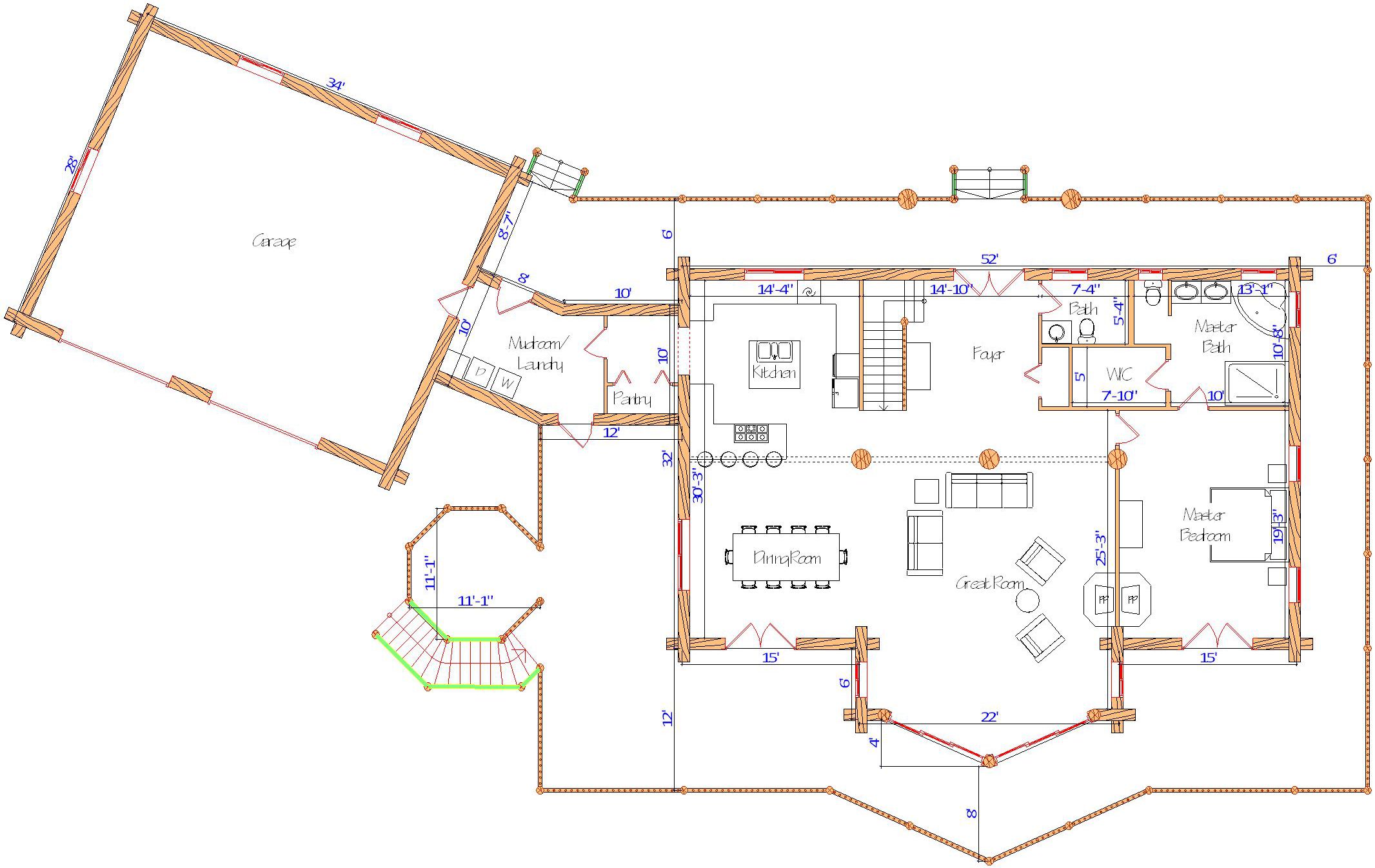 Floor plan of a log home layout showing various rooms including a master bedroom, guest room, living room, dining room, kitchen, and bathrooms with dimensions noted.