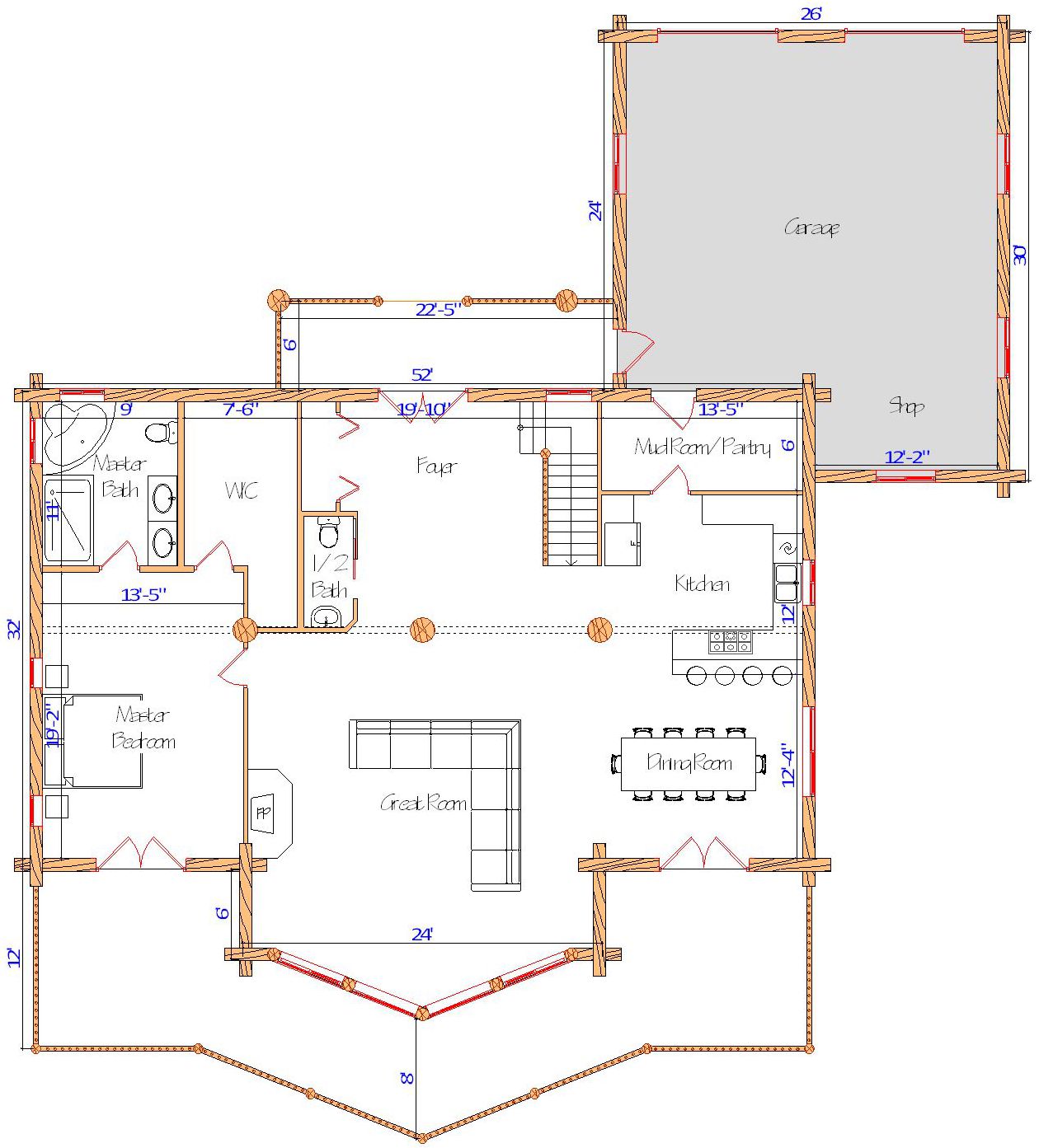 Floor plan of a log home layout showing various rooms including a master bedroom, guest room, living room, dining room, kitchen, and bathrooms with dimensions noted.
