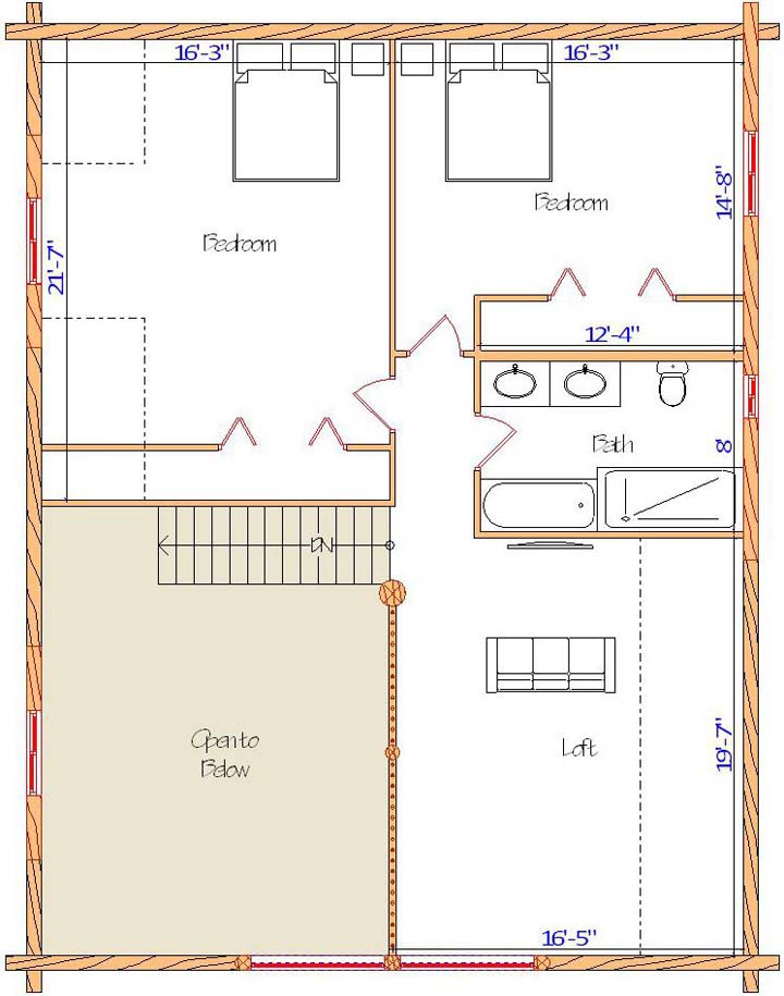 Home floor plan with two bedrooms and a loft area layout