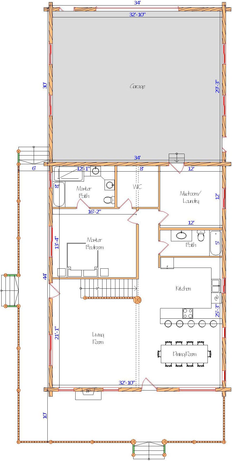 Floor plan of a log home layout showing various rooms including a master bedroom, guest room, living room, dining room, kitchen, and bathrooms with dimensions noted.