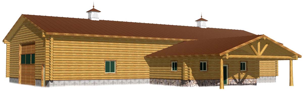 Large wooden barn with green windows and brown roof design