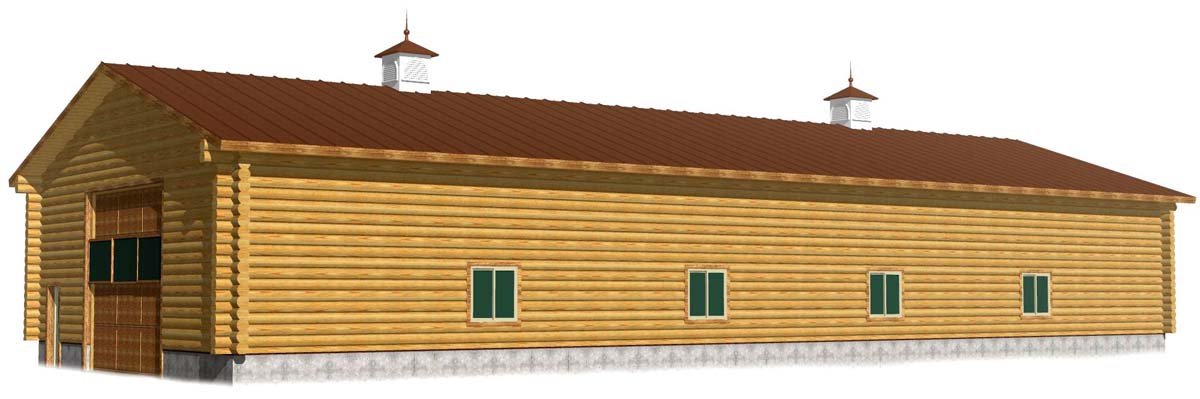 Large wooden barn with green windows and brown roof design