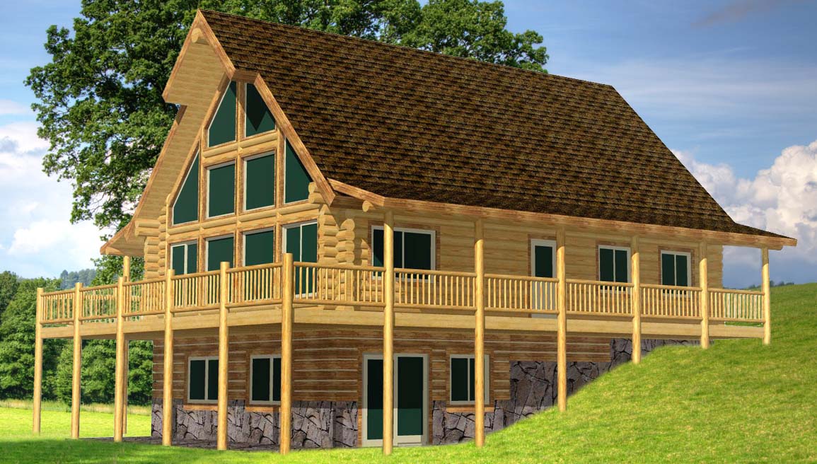 Charming log cabin design with spacious wooden deck and windows
