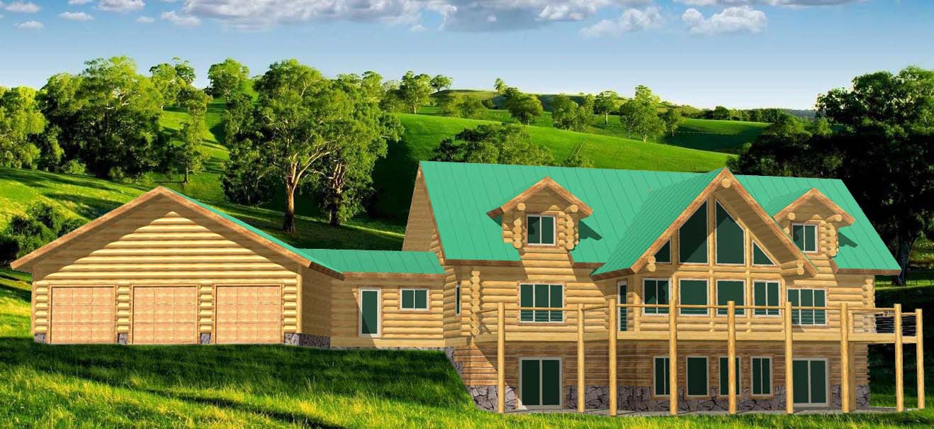 Large rustic log cabin with green roof in scenic countryside