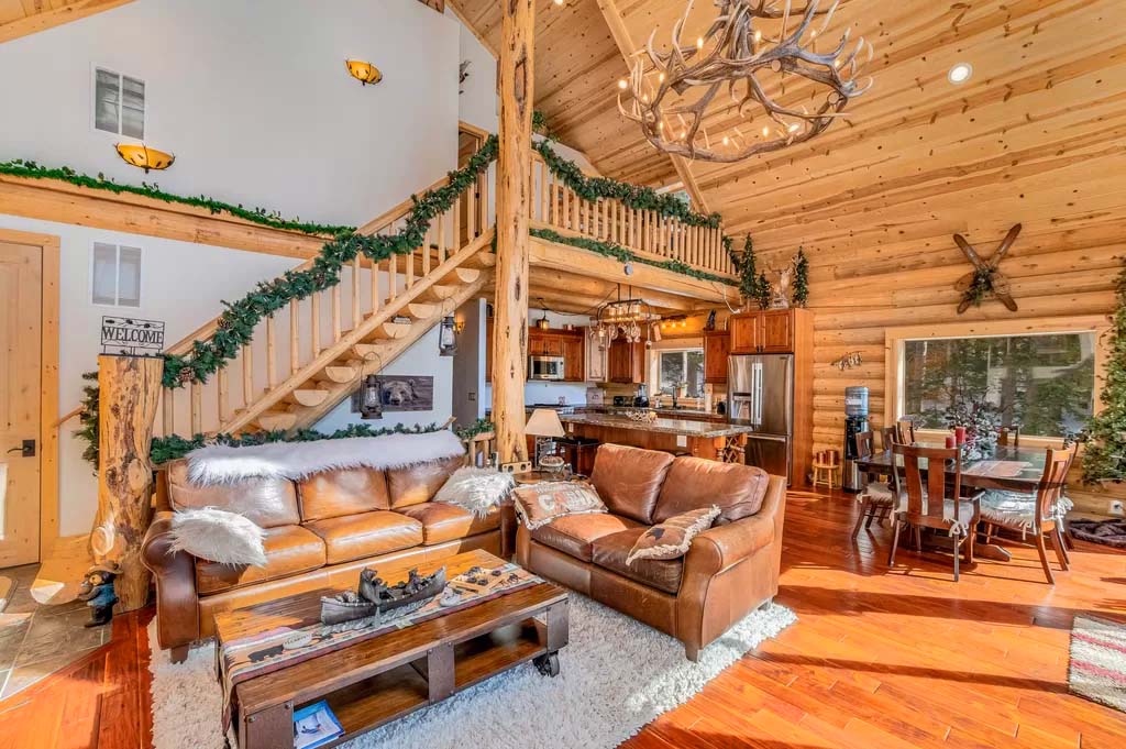 Rustic cabin kitchen with wooden details and modern appliances
