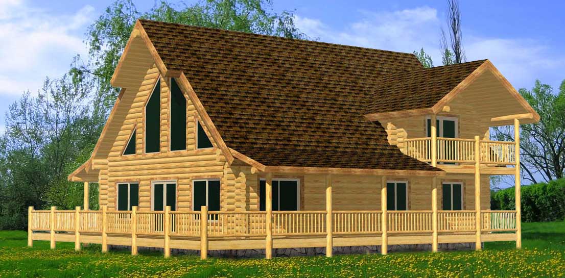 Rustic log cabin with spacious porch and large windows