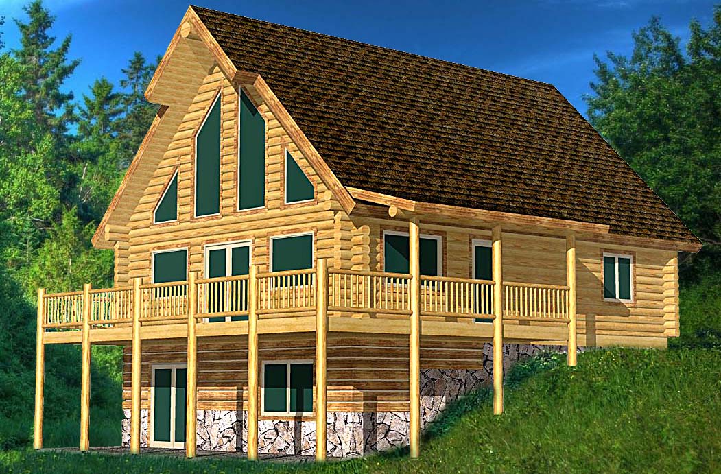 Spacious rustic log cabin with wooden deck and stone foundation