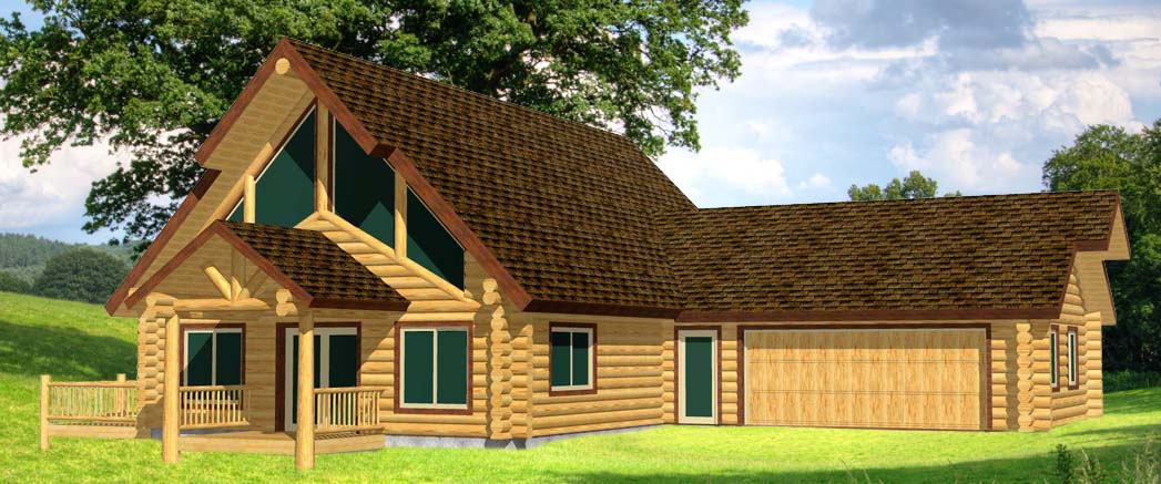 Cozy log cabin with porch and garage architectural design