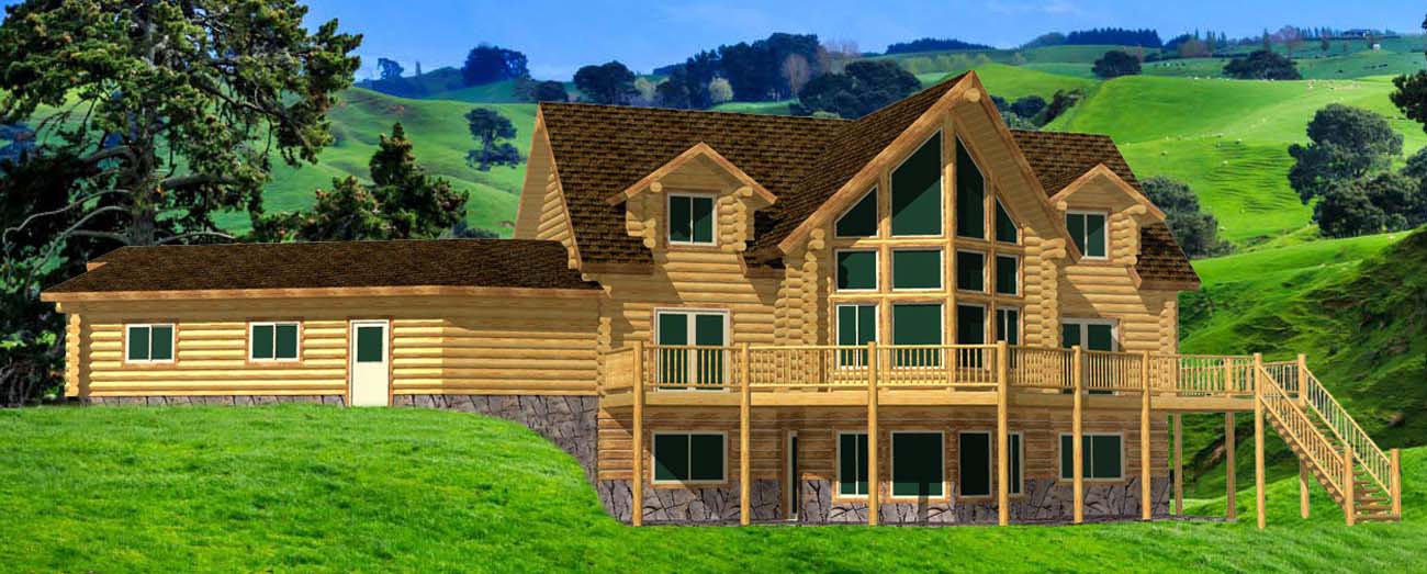 Rustic multi-level log cabin with front porch and large windows