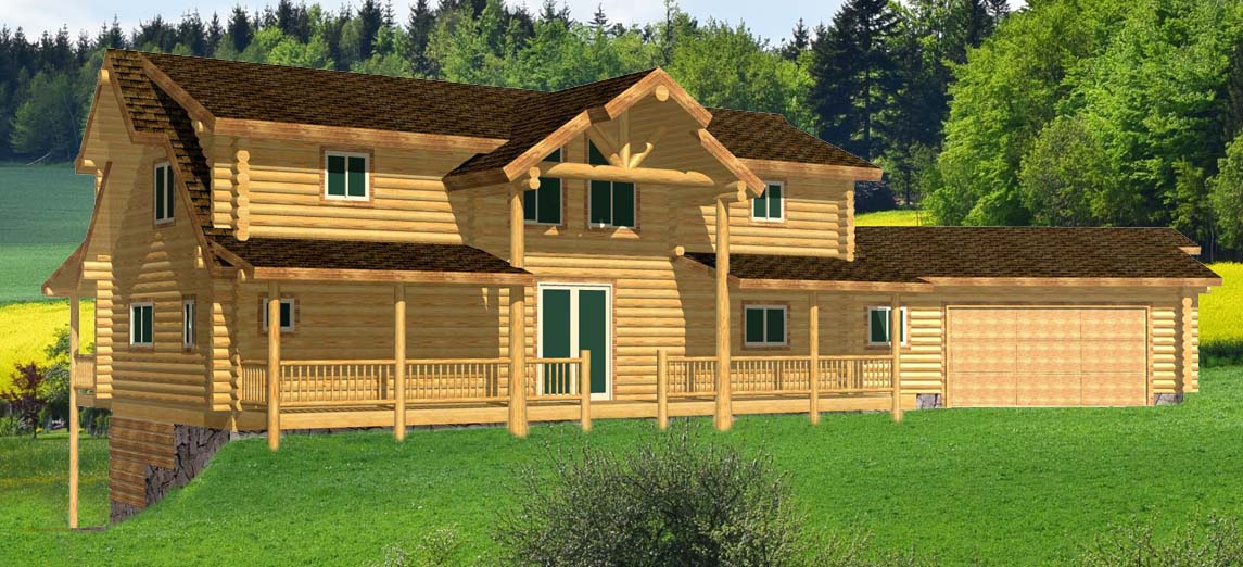 Rustic log cabin in a forested area with a green lawn