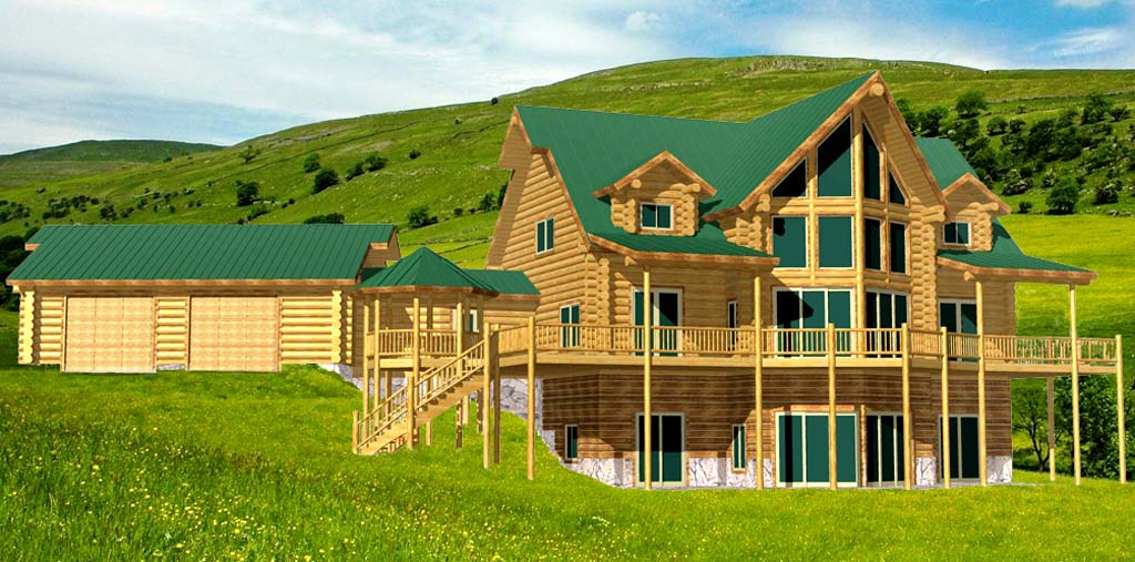 Spacious log cabin with green roof and wooden deck exterior