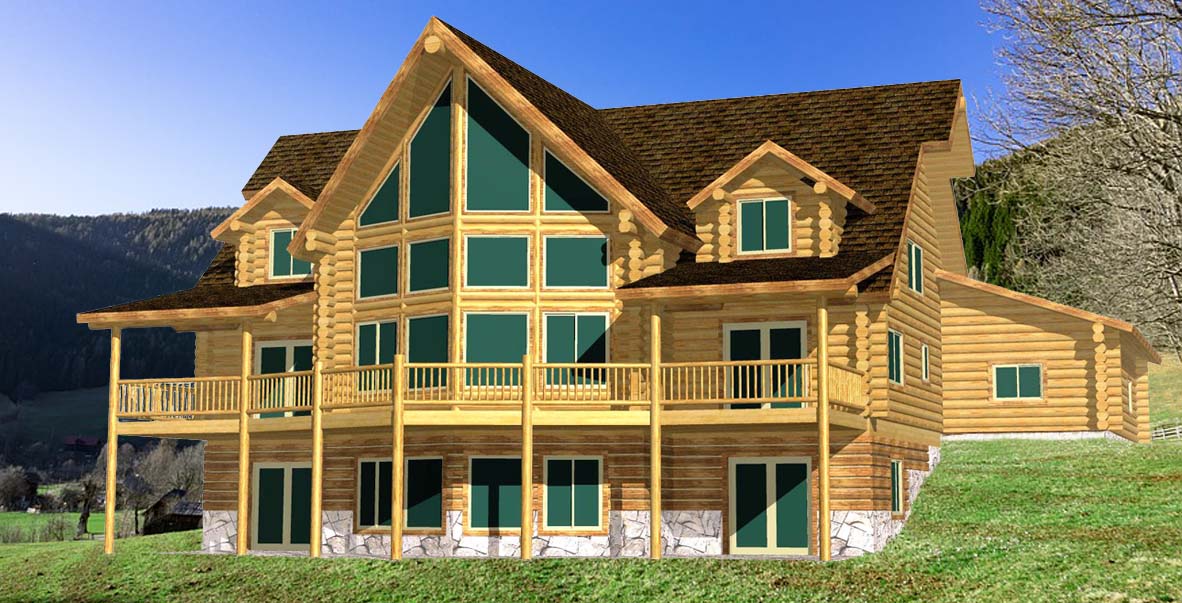 Rustic wooden log cabin with large windows and spacious porch