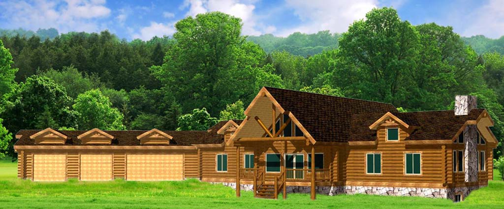 Spacious log cabin with attached garage and rustic design.